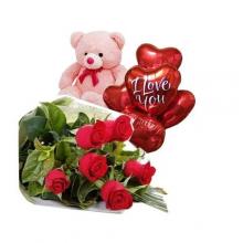 Red Roses with Teddybear and Ballon